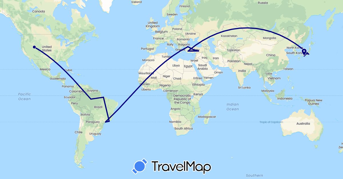 TravelMap itinerary: driving in Brazil, Japan, Turkey, United States (Asia, North America, South America)